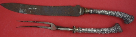 Roast Carving Set w/ sterling handles in the form of antlers - tines and blade are rusty- Knife 14 1/2